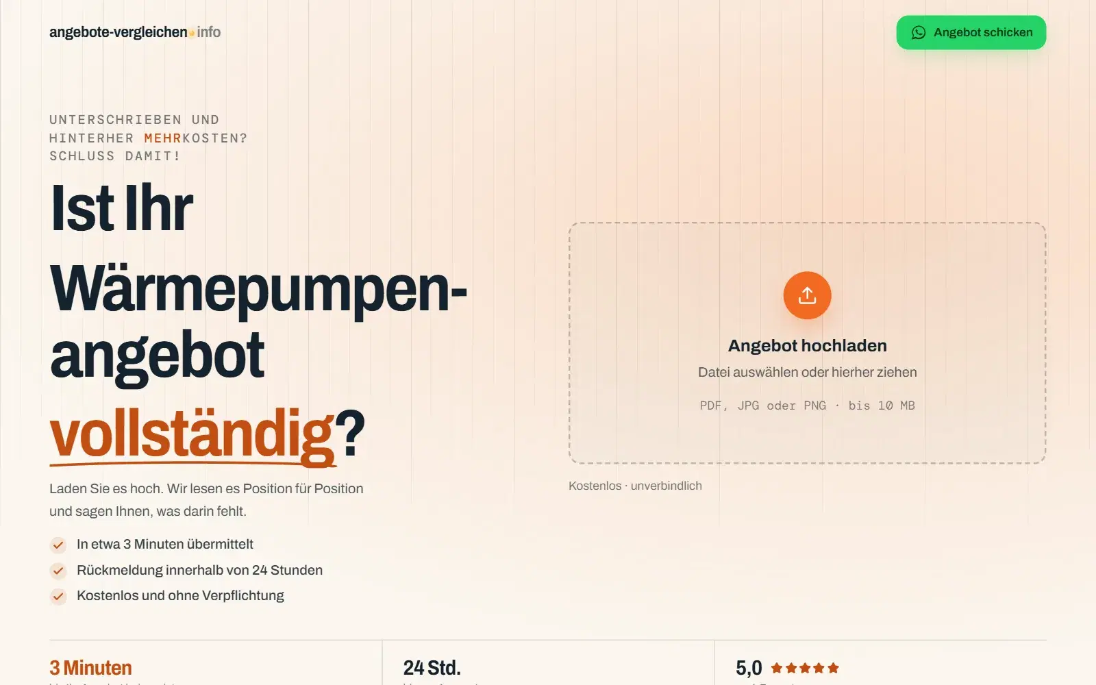 Startseite von angebote-vergleichen.info mit Upload für das Angebot