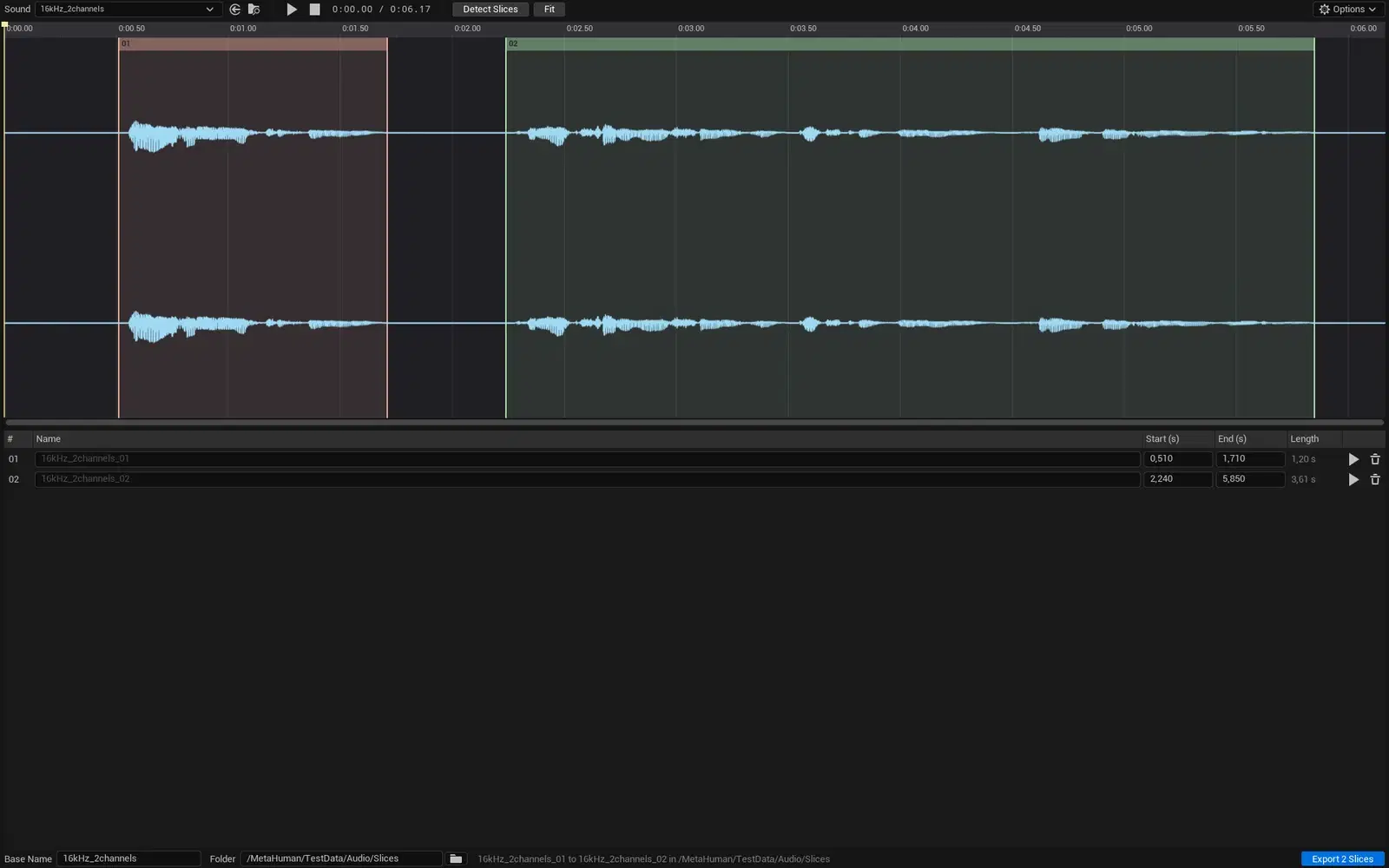 Audio Slicer im Unreal Editor: Wellenform mit zwei markierten Slices und Slice-Liste