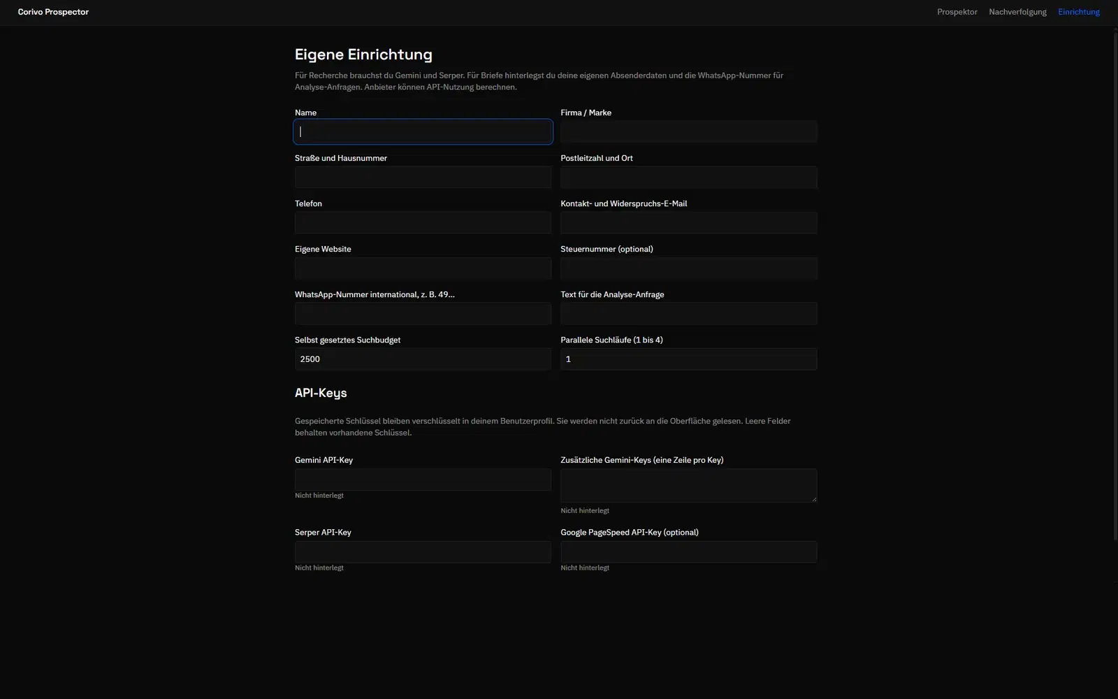 Corivo Prospector: Einrichtung mit Absenderdaten und eigenen API-Keys
