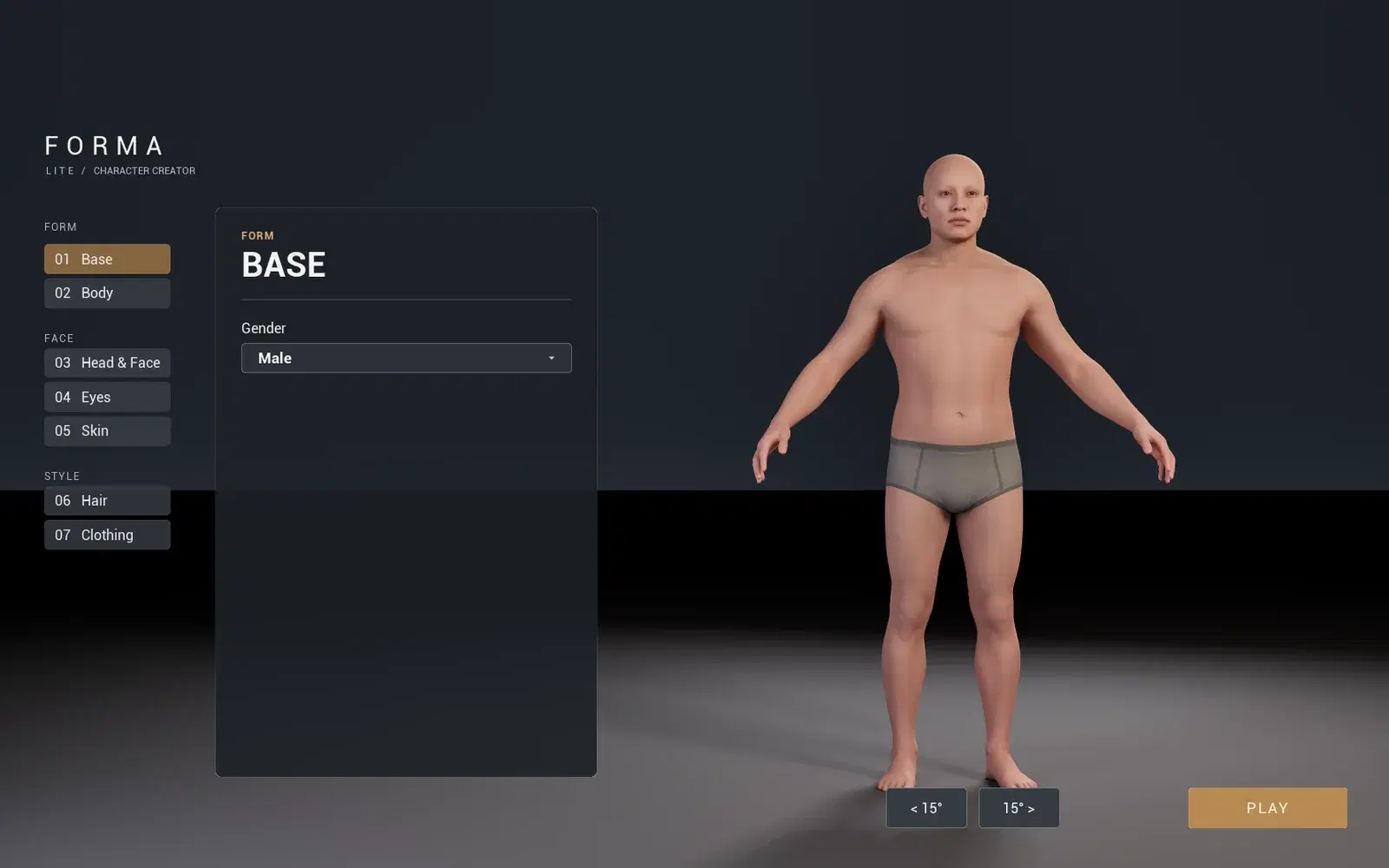 FORMA Character Studio Lite: Creator-Oberfläche mit MetaHuman-Charakter