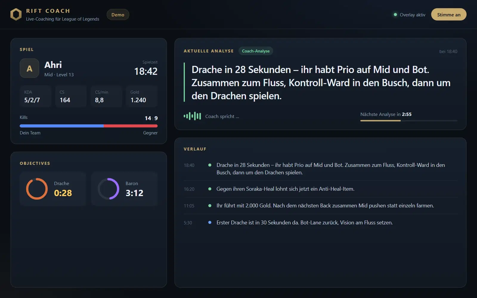 Rift Coach: Zentrale mit Spielstand, Objective-Timern und aktueller Coach-Analyse